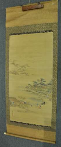 Hanging scroll. Japan. 18th century. Ink and colours on silk. Scene of people viewing the scenery. Signed Choshun. (1682-1725).