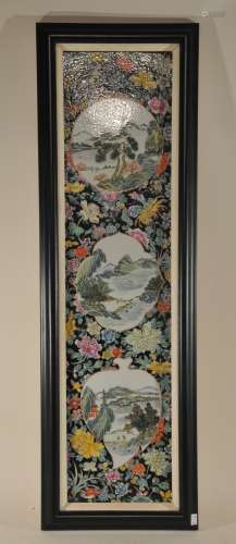 Porcelain plaque. China. Circa 1950. Fan shaped Famille Verte landscapes of a mille fleur covered black ground. 32-1/2