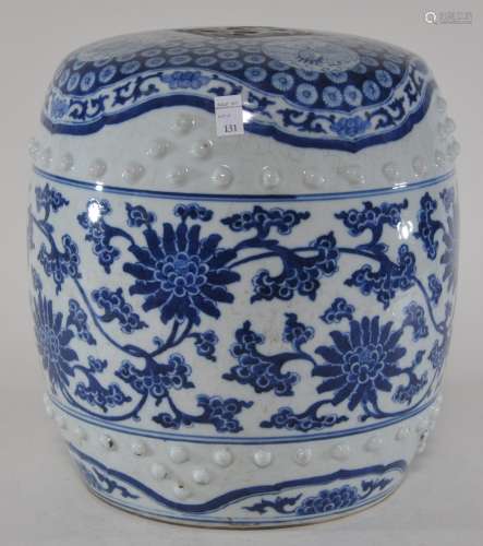 Porcelain brush holder. China. 19th century. Barrel form. Underglaze blue decoration of cranes, flowers and stylized lotus scrolls. 9-1/2