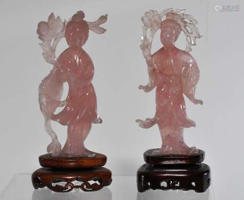 Lot of two Rose Quartz carvings. China. 20th century. Figures of women. Each about 5