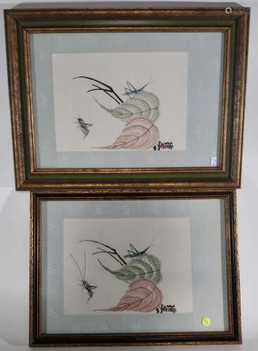 Two embroideries. China. Mid 20th century. Design of insects and leaves. 12