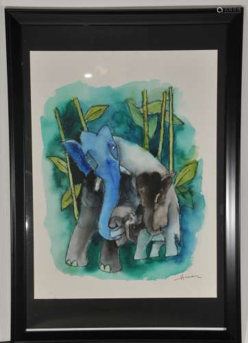 Magbul Fida Hussain, India. Watercolor painting (Kerala series). Circa 2000. Elephant family in the jungle. Framed under glass. Provenance: Authenticity certificate and photo of artist's son with painting. Sold by the artist to Dr. Harinder Singh Kanda. R/O Mumbai. Sight size - 28-3/4 x 21-1/4