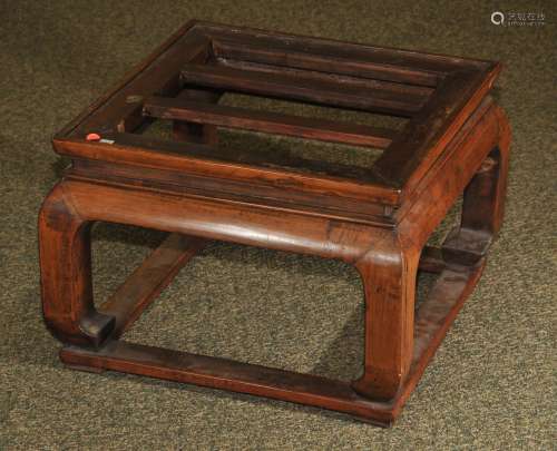 19th C. square Chinese carved wood low stand or table, elephant trunk legs. 21-1/2