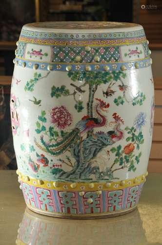 19th C. Chinese Famille Rose porcelain round garden barrel. Bird and floral decoration. Raised buttons. Wear to enamel. 14