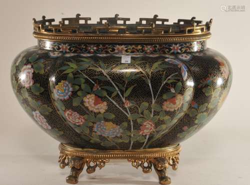 Cloisonne planter. China. Early 19th century. Lobated form. Decoration of butterflies, bamboo and flowers on a thunder meander  ground. French Chinoiserie gilt brass mounts, 14