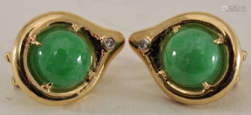 Pair of 14 karat gold  green cabuchon Jade Earrings. Size