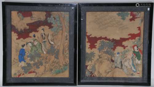 Pair of paintings. China. 19th century. Ink and mineral pigments on paper. Scenes of The Immortals. 18-1/4