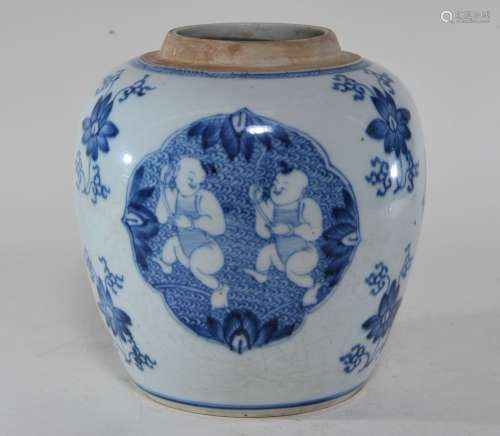 Porcelain vase. China. Reserves of pairs of children and flowers in underglaze blue. Ovoid shape. Spider age line to the base. 8-5/8