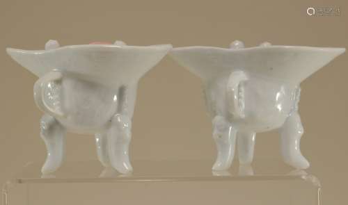 Pair of porcelain wine cups. China. Te Hua ware. Archaic bronze jui shape. 4