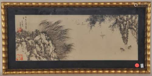 Painting. China. 20th century. Ink on paper. River scene with boats. Signed and with two seals. 23-1/2
