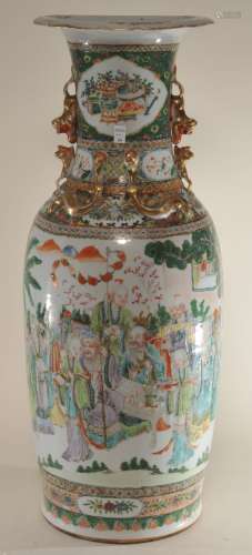 Porcelain vase. China. 19th century. Famille Rose decoration of Buddhist saints. Foo dog handles. 23-1/2