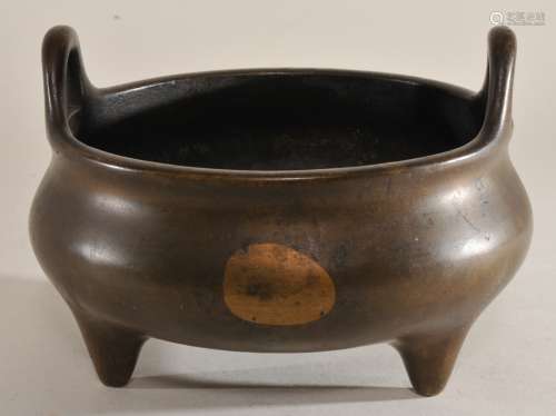 Bronze censer. China. 19th century or earlier. Single gold sun spot. Hsuan Te mark. Fitted hung my stand. 5-1/2