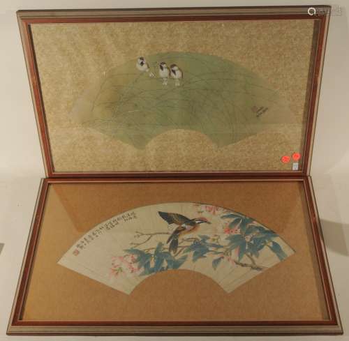 Lot of two fan paintings. China. 19th century. Ink and colours on paper. One with sparrows and winter grasses; the other with birds and flowers. Each about 20