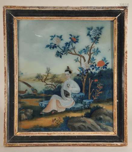 Reverse glass painting. China. 18th century. Scene of a woman sitting in a garden. 11