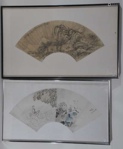 Lot of two fan paintings. China. 19th century. Ink and colours on paper. Scenes of the Immortals and a scholar in a landscape. Framed and glazed . 20
