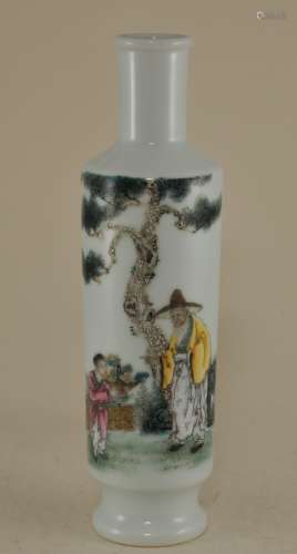 Porcelain vase. China. Republican period. Tou Tsai palette. Scene of a scholar with an attendant. Signed Wang Chi (1884-1937). 9-1/2