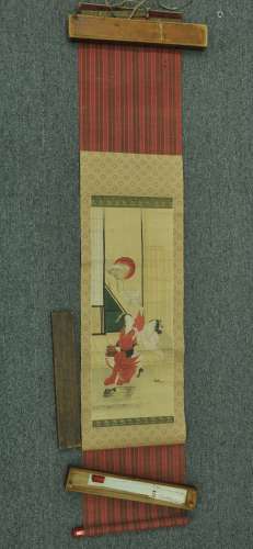 Hanging scroll. Japan. 18th century. Ink and colours on paper. Scene of two women arguing about a letter. Attributed to Kanzan. Brocade mounts. Creases and repairs. 23