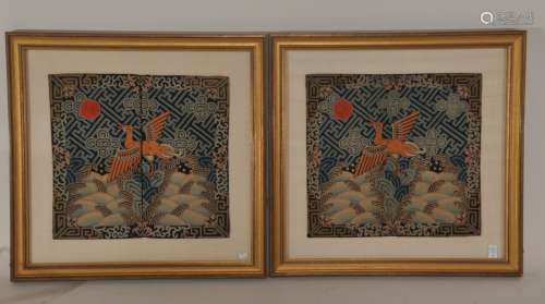 Pair of Rank Badges. Fourth official rank. China. 19th century. Silk chain stitch embroidery with coral beads. 10