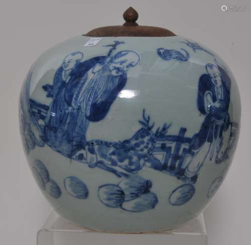 Porcelain jar. China. 19th century. Globular form. Celadon ground with underglaze blue decoration of Shao Lao and two attendants. 8