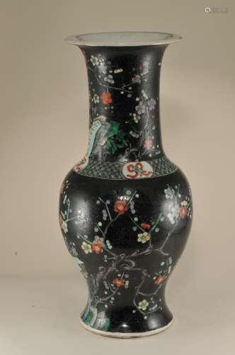 Porcelain vase. China. 19th century. Famille Noir decoration of flowering prunus. 17-1/4