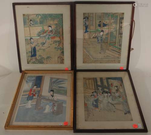 Lot of four paintings. China. 19th century. Ink and colours on paper. Scenes from literature. Framed and glazed. Foxing and stains. 11