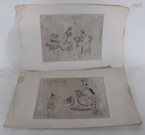 Pair of album paintings. China. 19th century. Ink and colours on paper. Scenes of scholars. 13-1/2