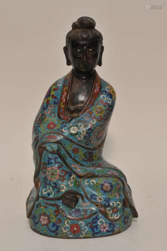 Figure of The Goddess of Mercy- Kuan Yin. China. 20th century. Bronze with Cloisonne decoration of floral scrolling. 11-/4