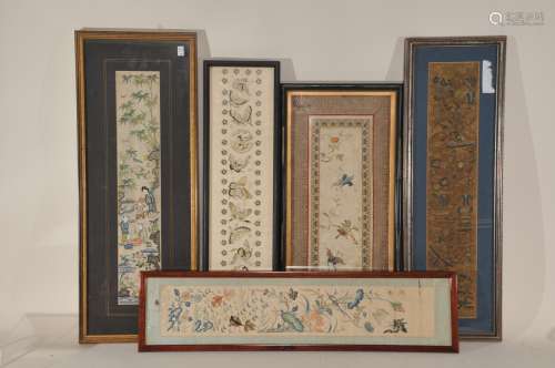 Lot of five sleeve panels. China. 19th century. Embroidery of figures, birds, fish, butterflies and flowers. Each about 18