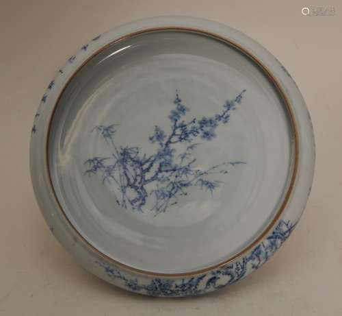 Porcelain Narcissus bowl. China. Early 20th century. Underglaze blue decoration of pine prunus and bamboo. 9-1/2