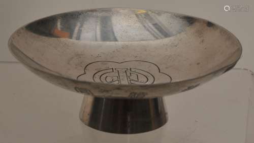 Silver Sake cup. Japan. Early 20th century. Engraved inscription. Dents to the edge. 3-1/2