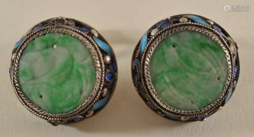 Pair of Jade earrings. Filigree silver with enamel. China. Early 20th century.