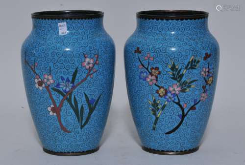 Pair of Cloisonne vases. Japan. Meiji period. (1868-1912). Floral sprigs on a patterned turquoise ground. 9