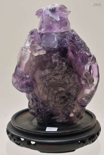 Amethyst covered jar. China. 19th century. Surface carved in high relief with farmers, pine trees and birds. 5-1/2