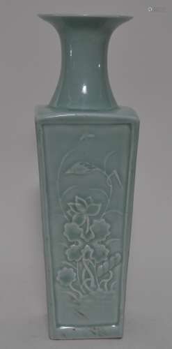 Porcelain vase. China. Early 20th century. Square form with birds and flowers. Celadon glaze. Drilled. 13-1/4