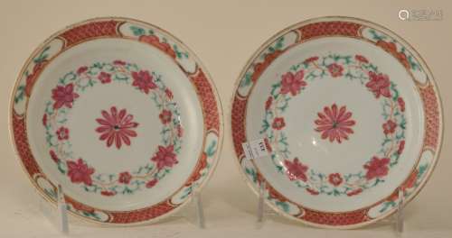 Pair of porcelain saucer dishes. China. 19th century. Famille Rose decoration of lotus flowers. 6