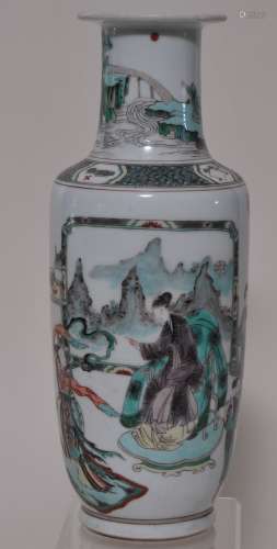Porcelain vase. China. 19th century. Roleau form. Famille Verte decoration of women playing musical instruments. 11-1/4