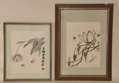 Two silk embroideries. China. Mid 20th century. Scenes of flowers and insects. Both signed Pai Shih. 12