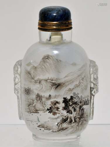Interior painted snuff bottle. China. Foo Dog masks at the side. Lapis stopper. Finely painted landscape. 3