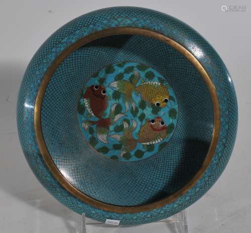 Cloisonne bowl. China. Early 20th century. Fish scale ground with Ju-i borders and a roundel of goldfish to the interior. Turquoise ground. 8-1/4