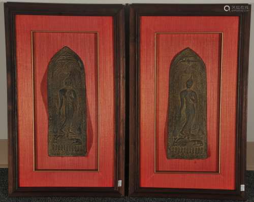 Pair of bronze votive plaques. Thailand. 20th century. Scenes of the Buddha. Framed. Plaques- Approx. 14