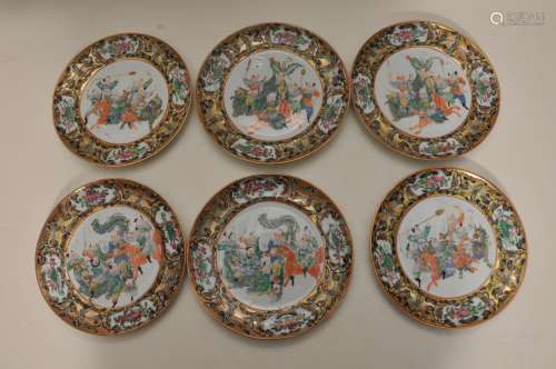 Six porcelain plates. China. Mid 19th century. Export ware. Scenes of mythological figures. Hundred Butterflies border. 8