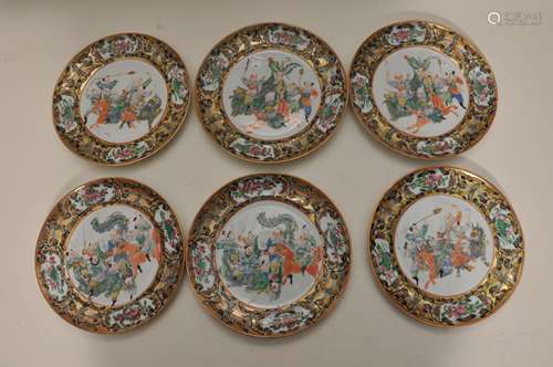 Six porcelain plates. China. Mid 19th century. Export ware. Scenes of mythological figures. Hundred Butterflies border. 8