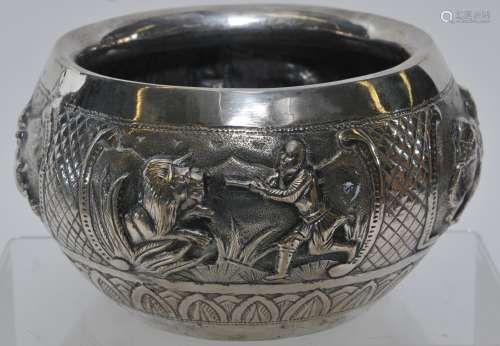 Silver repousse bowl. India or Burma. Early 20th century. Hunt scene. 10.75 oz.  6-1/4