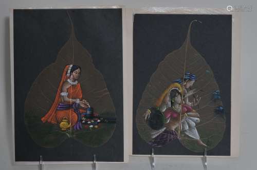 Lot of two betal leaf paintings. India. 20th century. Each about 9-1/4