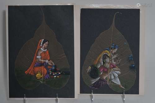 Lot of two betal leaf paintings. India. 20th century. Each about 9-1/4