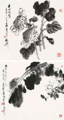 曹简楼（1913～2005） 己巳（1989）年作 丹心向阳·芭蕉栀子 镜片 水墨纸本
