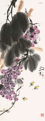 谢之光（1900～1976） 葡萄蜜蜂 镜片 设色纸本
