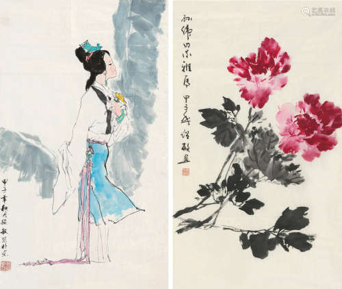 郑绍敏（b.1946） 甲子（1984）年作 蕉荫丽人·富贵牡丹 镜片 设色纸本
