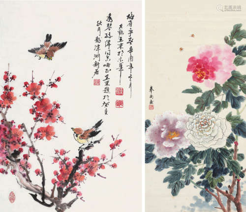 王天鹤（b.1941）翟奉南（1915～1982） 辛酉（1981）年作 梅雀争春 牡丹 镜片 设色纸本