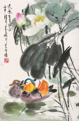 吴玉梅（b.1940） 壬申（1992）年作 荷花鸳鸯 立轴 设色纸本